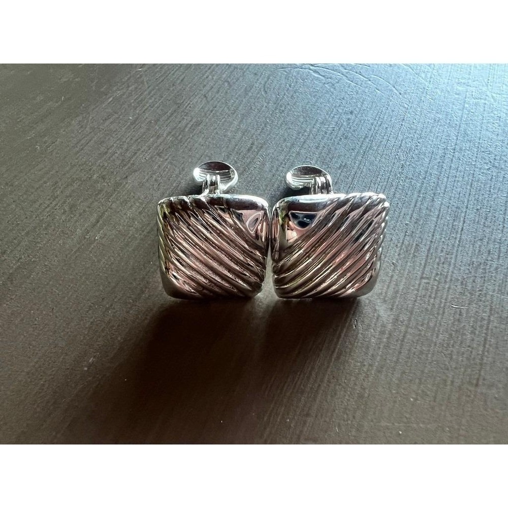 Monet Clip-On Earrings Silver Square Ribbed Textured Vintage Jewelry Minamalist